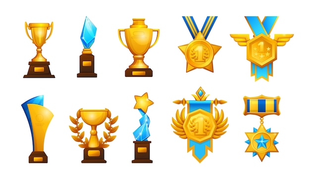 Trophy award Cartoon golden cup Sport competitions glass honor prize Winning championship medal and badge Achievement rewards collection Tournament or contest first place gift Vector goblets set