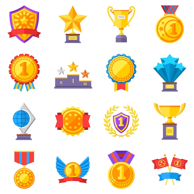 Trophy medals and winning ribbon success icons. Win awards vector winner symbols. Success and trophy