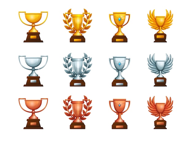 Trophy prize Golden silver and bronze victory cup Sport competition metal awards Special achievement and championship reward collection Vector first second and third place winner cartoon gifts set