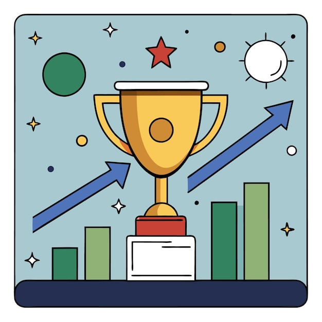 Vector a trophy surrounded by stars graphs and celestial elements