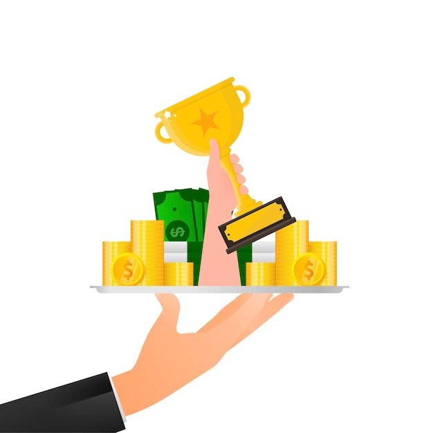 Trophy with award money Financial concept Gift box icon