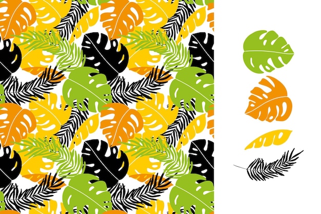 Tropic leaves vector seamless pattern Monstera and palm leaves colorful ornament for textile design