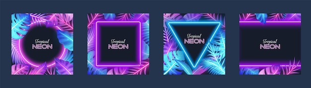 Tropic social media stories social network pages banners jungle leaves frames neon light design vect...