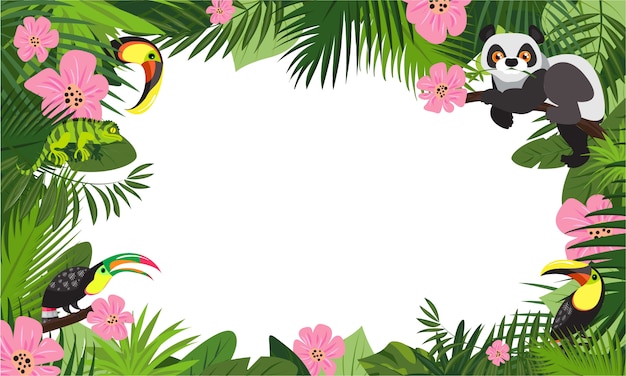 Tropical animal rainforest concept frame background, cartoon style