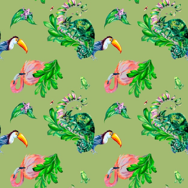 Tropical animals with floral ornate watercolor illustration seamless pattern on green