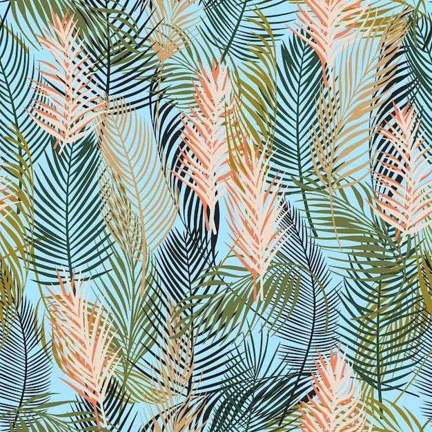 Tropical background palm leaves vector seamless pattern