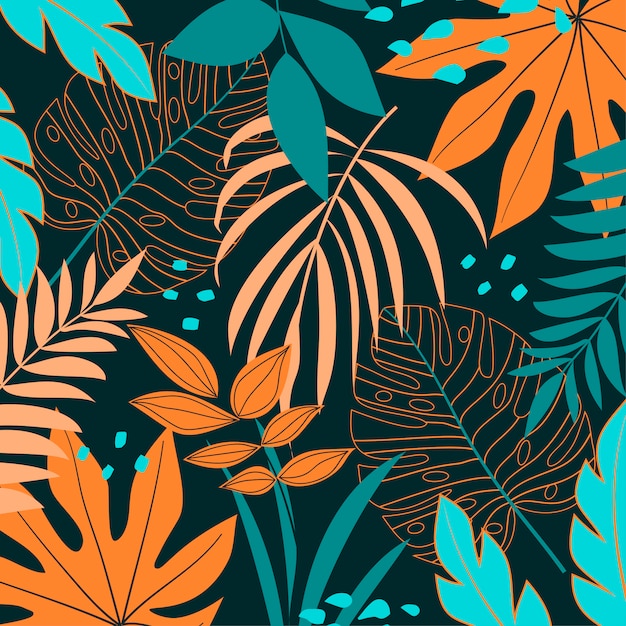 Tropical background with blue and yellow leaves and plants