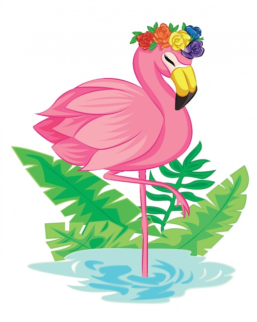 Tropical background with flamingo and rainbow roses flowers