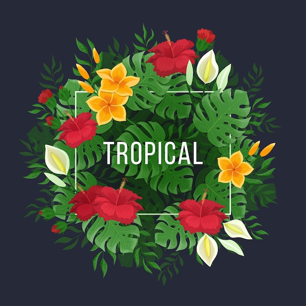 Tropical background with leaves and flowers of monstera and palm Flowers and buds of hibiscus