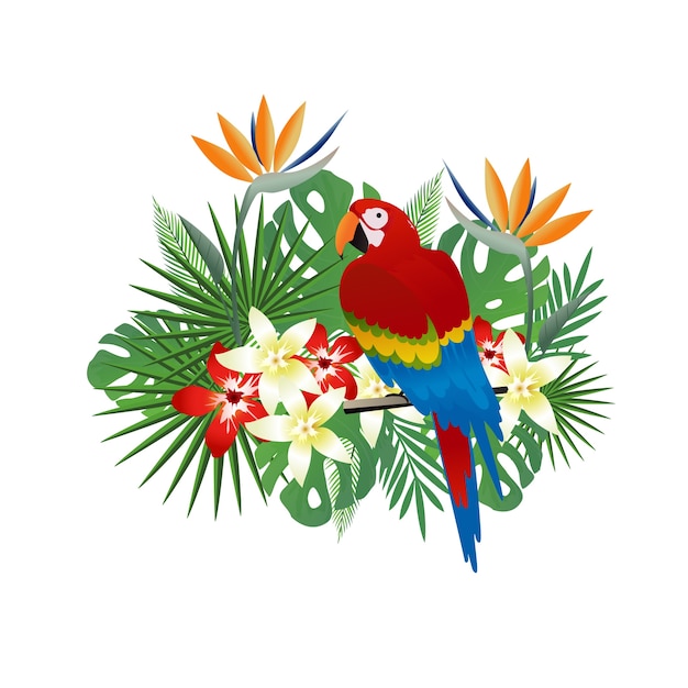  Tropical background with parrot and tropical leaves