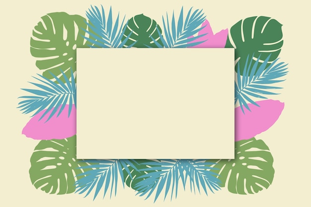 A tropical banner made up of exotic palm leaves on a yellow background