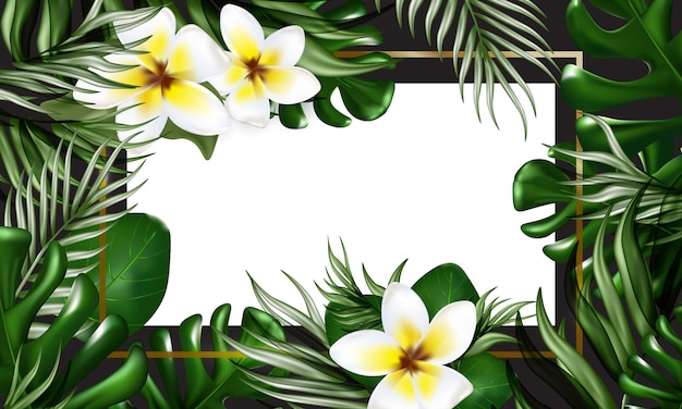 Tropical banner with palm leaves, monstera, plumeria flowers, confetti, gilded frame and space for text. Summer background for events, midnight summer party, wedding invitations.