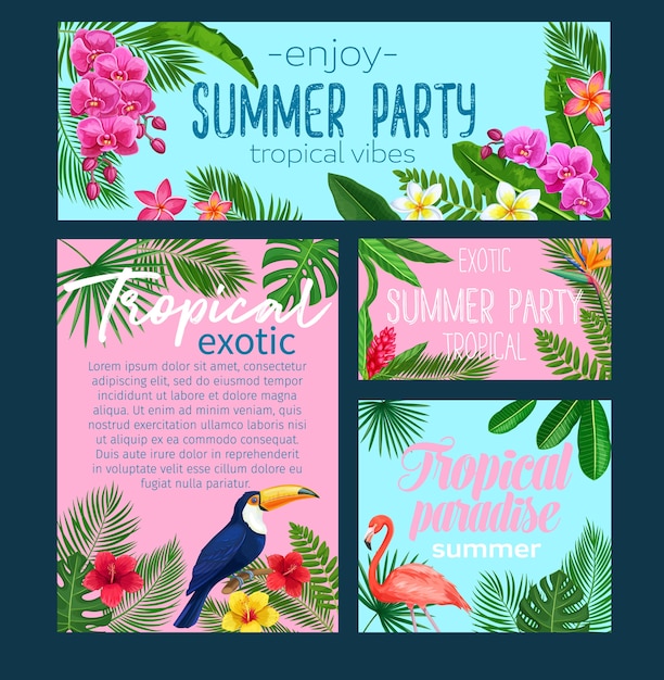 Vector tropical banners. floral jungle summer background with birds pink flamingo and toucan