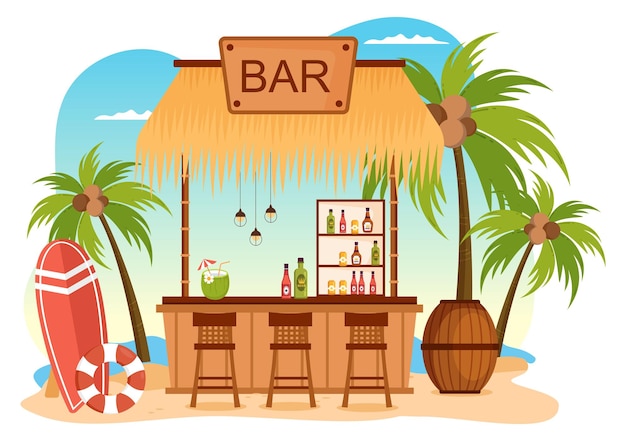 Tropical Bar or Pub at Beach with Alcohol Drinks Bottles in Flat Cartoon Illustration