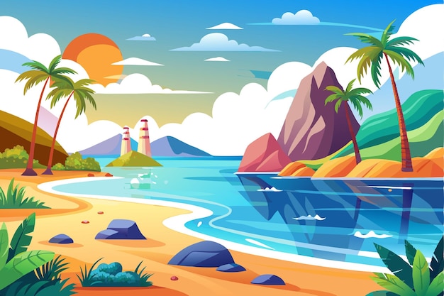 Vector tropical beach landscape with palm trees and lighthouses