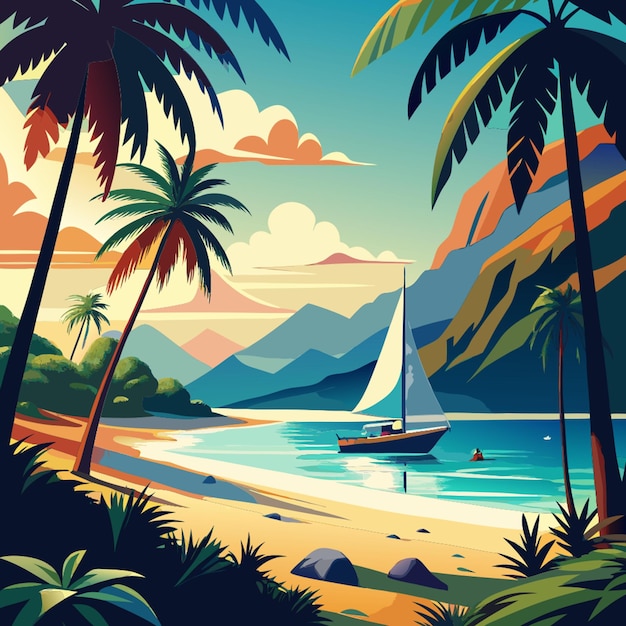 Vector tropical beach landscape with sailboat and palm trees on the seashore summer vacation background