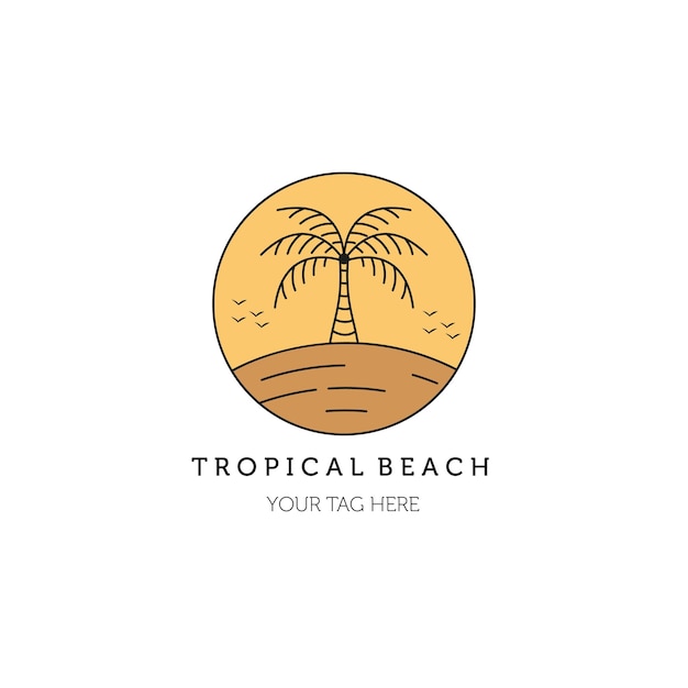 Tropical beach line art emblem logo illustration vector template design