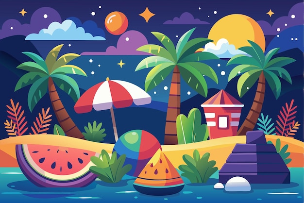 Vector tropical beach night scene with palm trees watermelon and a beach umbrella