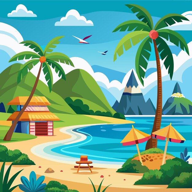 Vector tropical beach paradise palm trees sandy shores and crystal clear waters