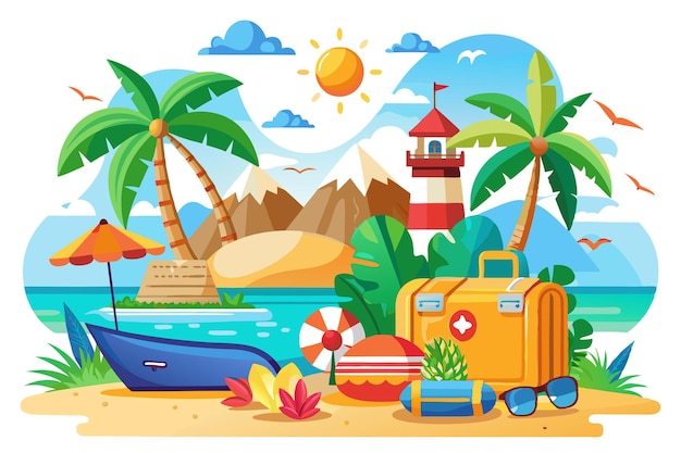 Vector tropical beach scene with luggage palm trees and a lighthouse