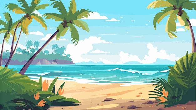 a tropical beach scene with palm trees and a beach scene