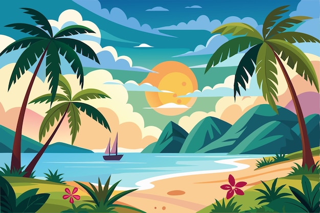 Tropical Beach Scene with Palm Trees Mountains and a Sailboat