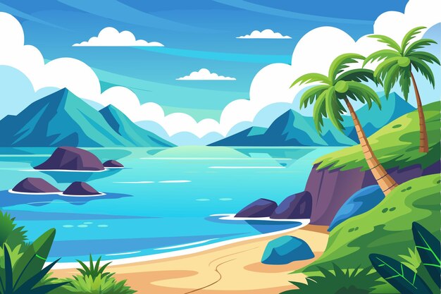 Vector tropical beach scene with palm trees and mountains