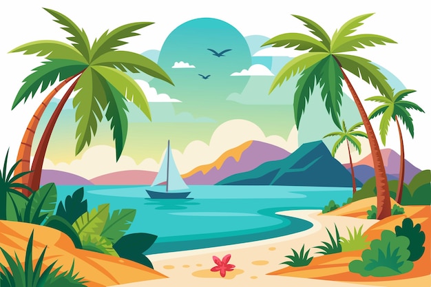 Tropical Beach Scene with Palm Trees and Sailboat