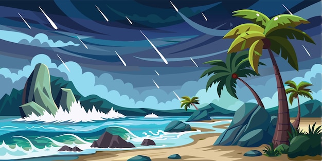 Vector a tropical beach scene with palm trees and waves