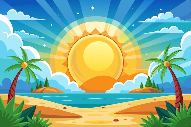 Vector tropical beach sunset landscape with palm trees