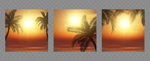 Tropical beach sunset vector illustration Silhouette of palm trees against a sunset ocean