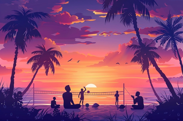 Vector tropical beach at sunset with group