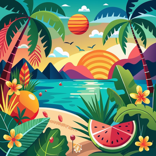 Tropical beach sunset with palm trees watermelon and flowers