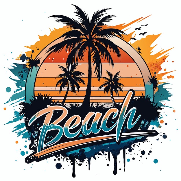 Tropical beach with palm trees and grunge background vector illustration