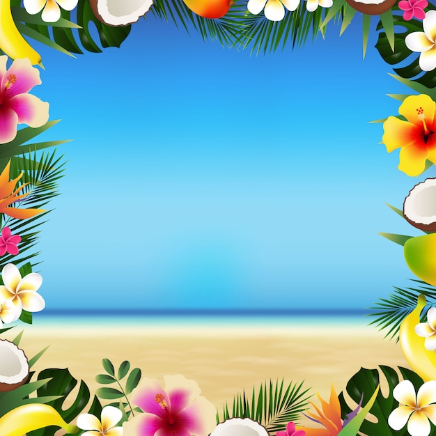 Tropical Beach With Sea And Sand With Tropical Leaves And Fruit