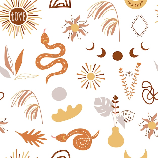 Tropical boho pattern Botanical earth tone bohemian background Boho plants snake sun abstract shapes dry flowers Contemporary design seamless print paper natural texture Vector illustration