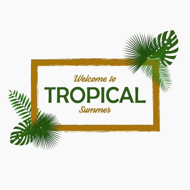 Tropical card design with  palm leaves jungle leaf exotic plants and border frame