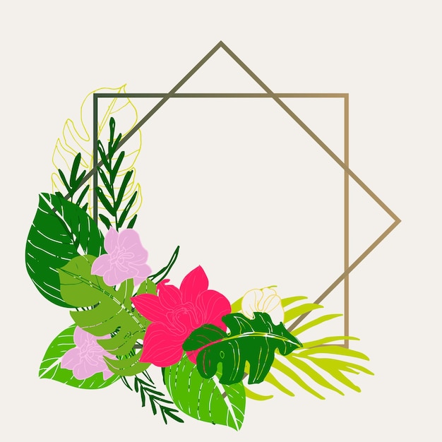 A tropical card with line art leaves and exotic flowers