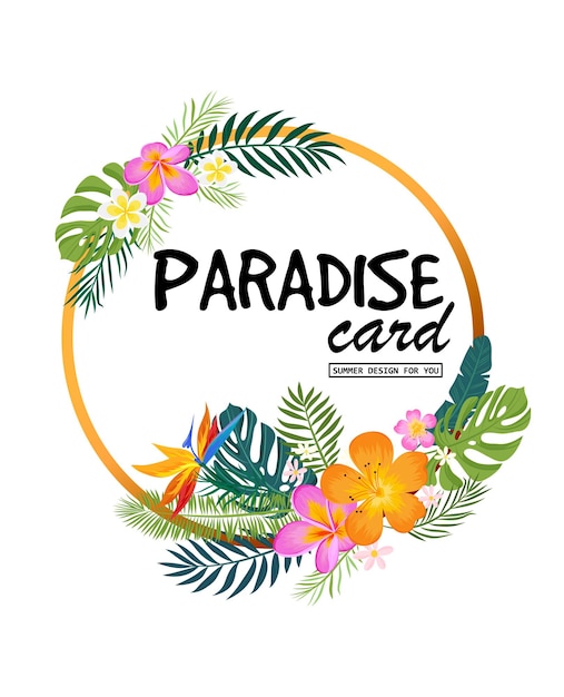 A tropical card with palm leaves and exotic flowers Summer jungle design is ideal for flyers