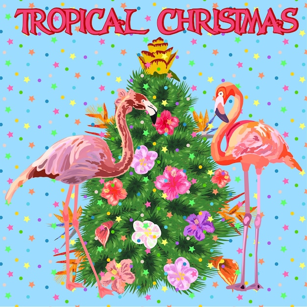 Tropical Christmas Flamingo palm leaves and snowflakes Template for cards and party invitations