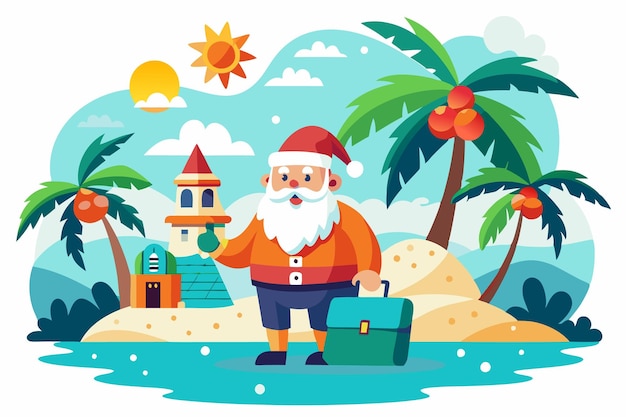 Vector tropical christmas island celebration with santa claus during new year festivities