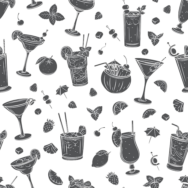 Tropical cocklails seamless pattern   monochrome glyph