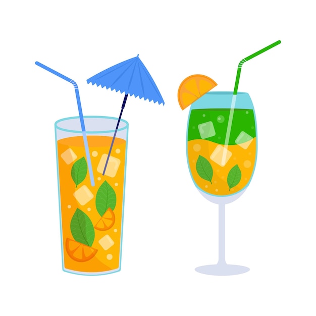 Tropical cocktail Alcoholic summer drinks in glasses lemonade sambuca martini juices Holiday concept for party invitation bar menu Vector illustration