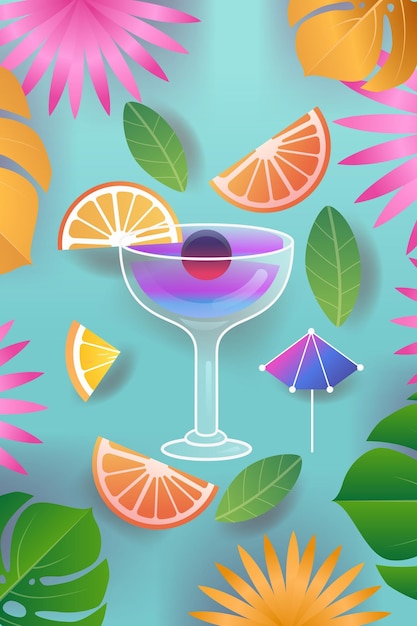 Vector tropical cocktail glass with fruit slices leaves and umbrella on blue background summer beach party theme