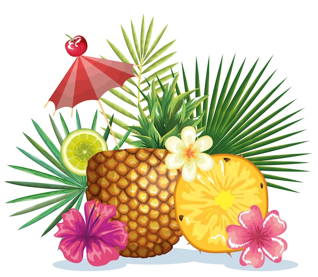 Vector tropical cocktail in pineapple fruit and decoration floral vector illustration design