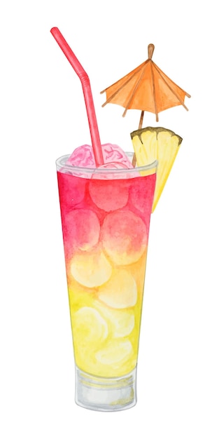 Tropical cocktail watercolor hand drawn illustration Drink clipart on white background