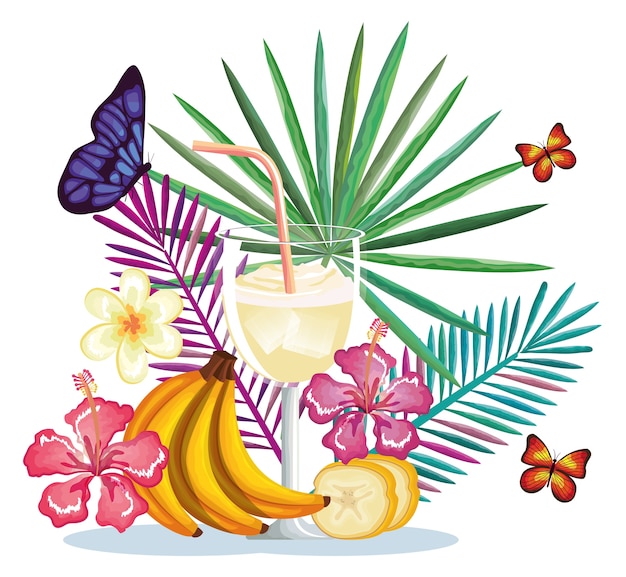 Vector tropical cocktail with banana fruit and decoration floral vector illustration design