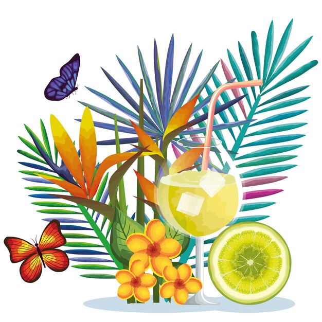 Vector tropical cocktail with lime fruit and decoration floral vector illustration design