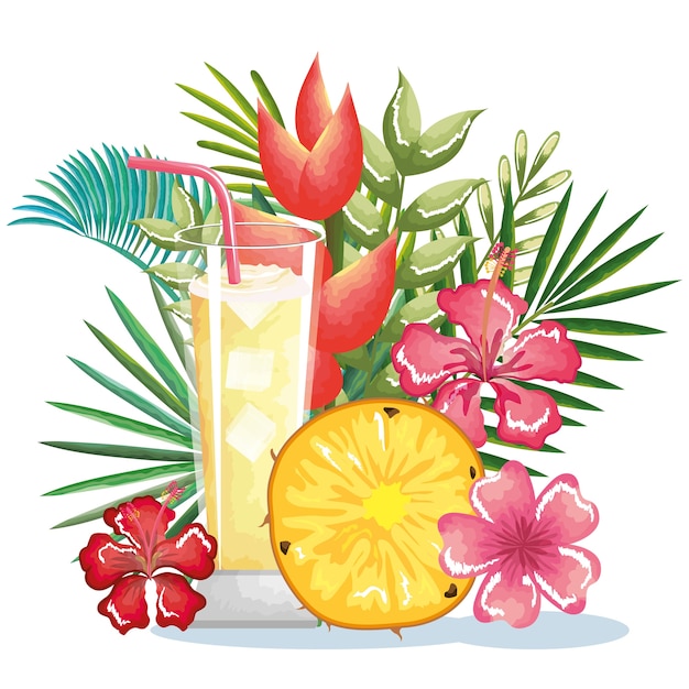 tropical cocktail with pineapple fruit and decoration floral vector illustration design