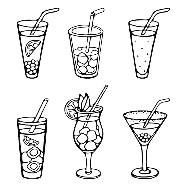 Tropical Cocktails Hand Draw Doodle Outline Premium Vector